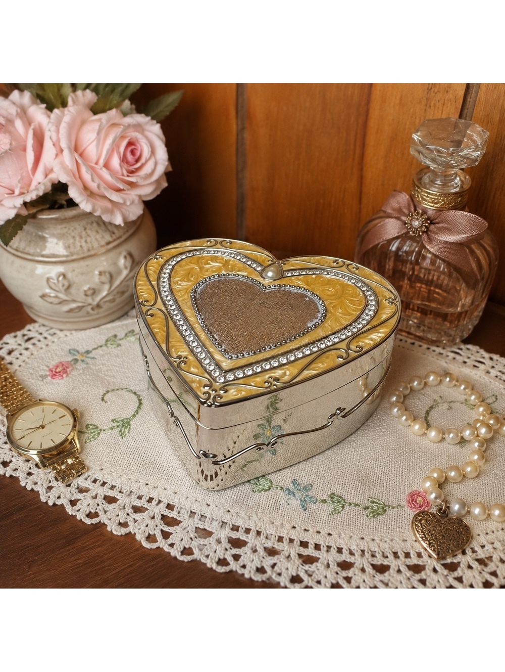 Things Remembered Heart Jewelry Box Silver Yellow Enamel Rhinestone Trinket Box